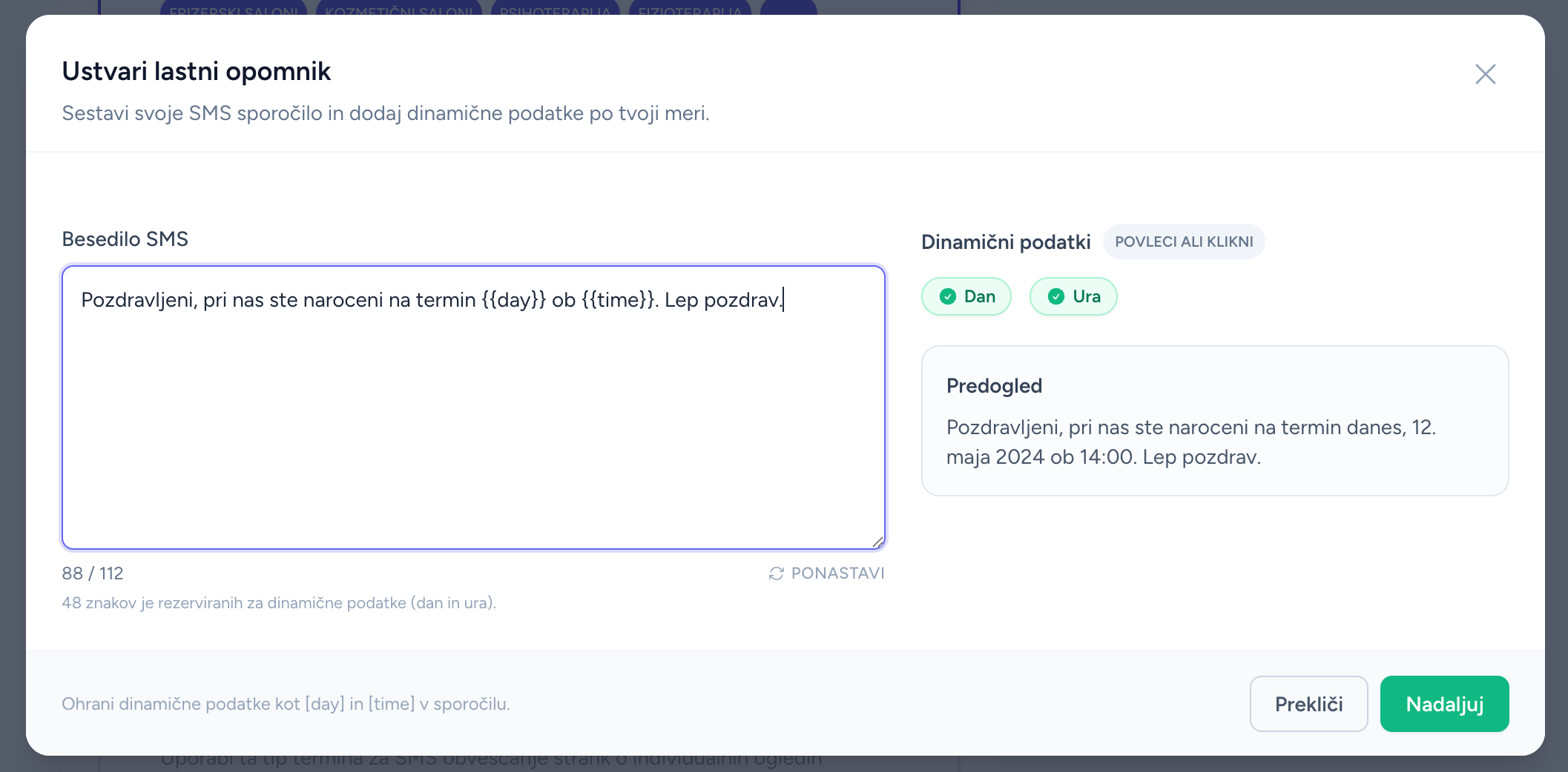Nadzorna plošča → Dodaj samodejna sporočila → Nastavitev koledarja
